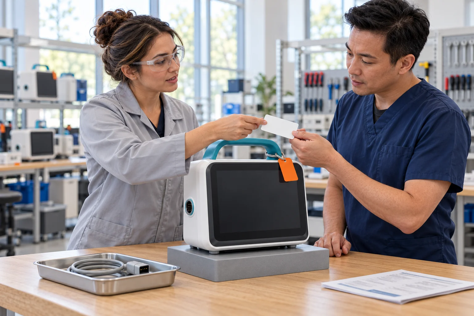 Biomedical trainer and clinical educator review the status of a closed, held monitor trainer in a teaching workshop.