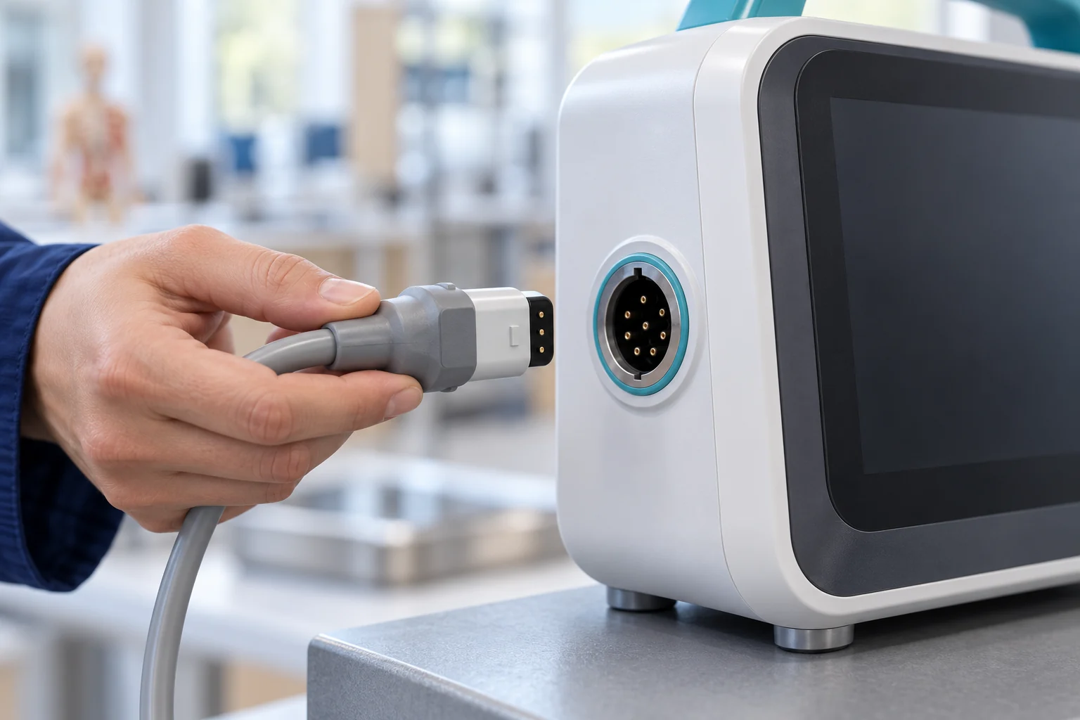 Close inspection of an incompatible rectangular accessory held clear of the circular port on a fictional monitor trainer.