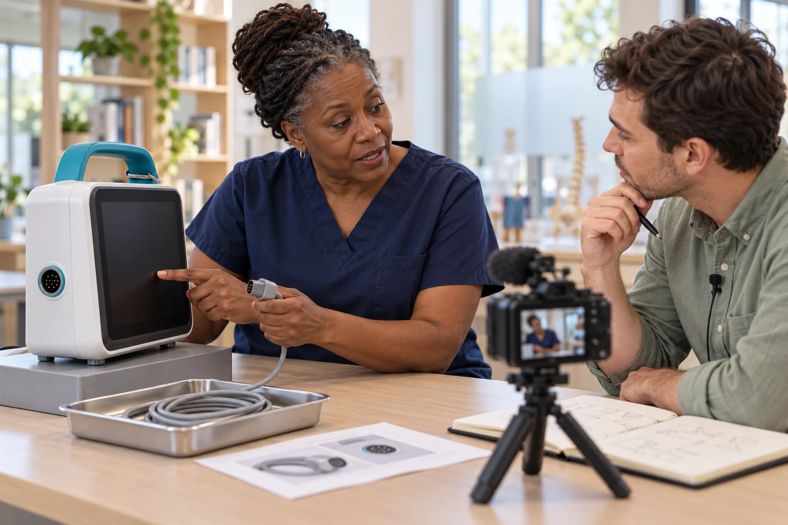 Expert educator explains the equipment check while a learning designer records her reasoning.